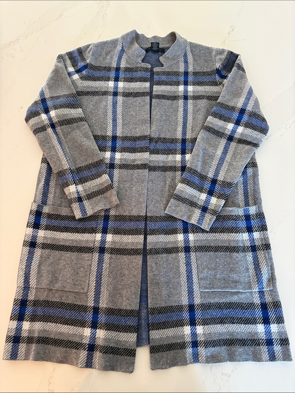 Tahari Gray and Blue Plaid Open-Front Cardigan 1X